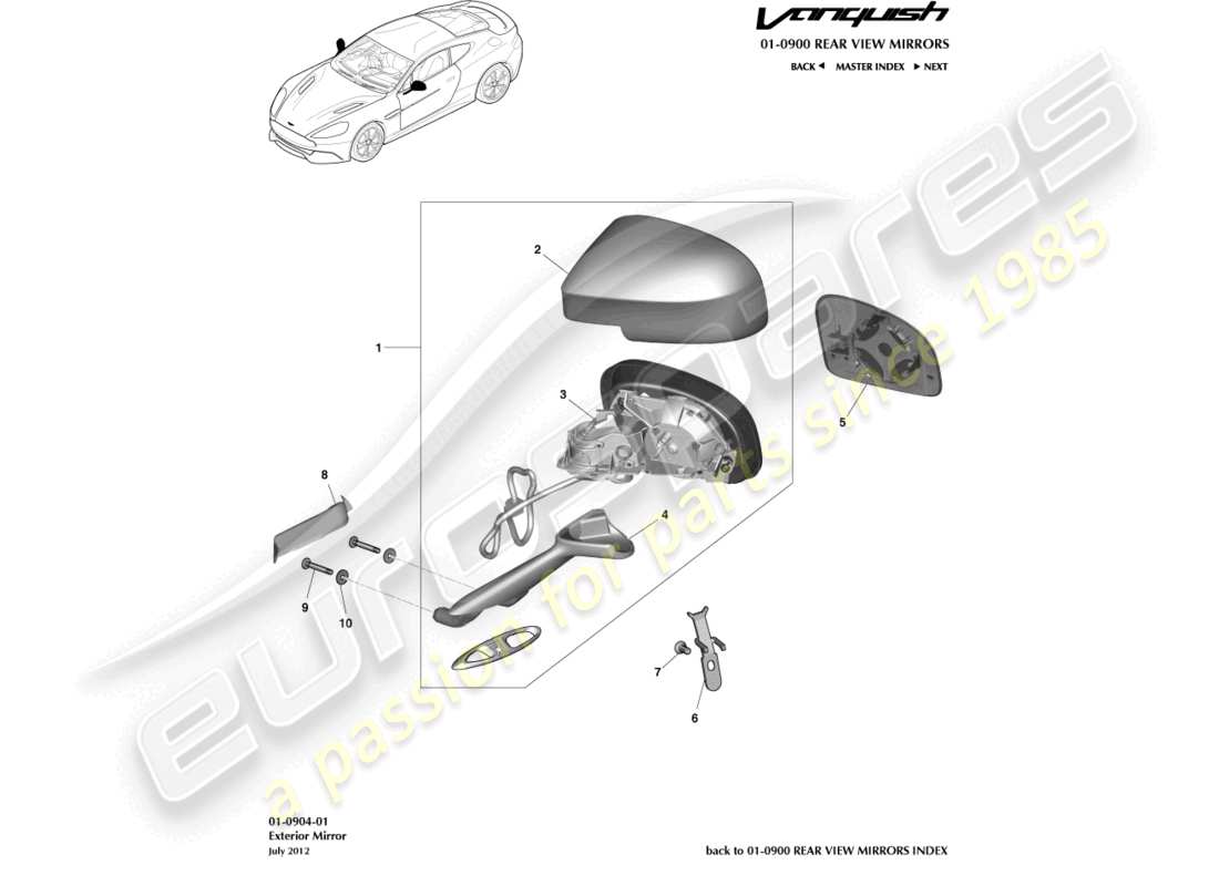 aston martin vanquish (2017) schema delle parti degli specchietti retrovisori esterni