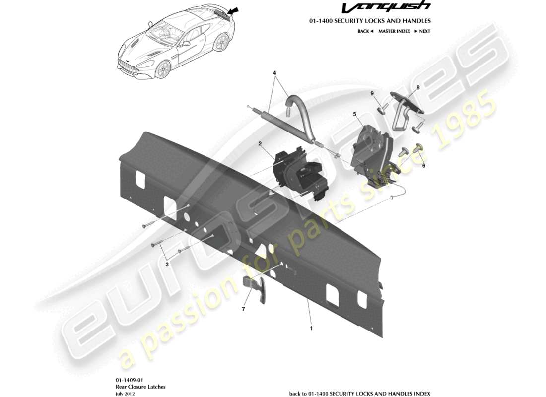 aston martin vanquish (2017) diagramma delle parti delle chiusure di chiusura posteriori