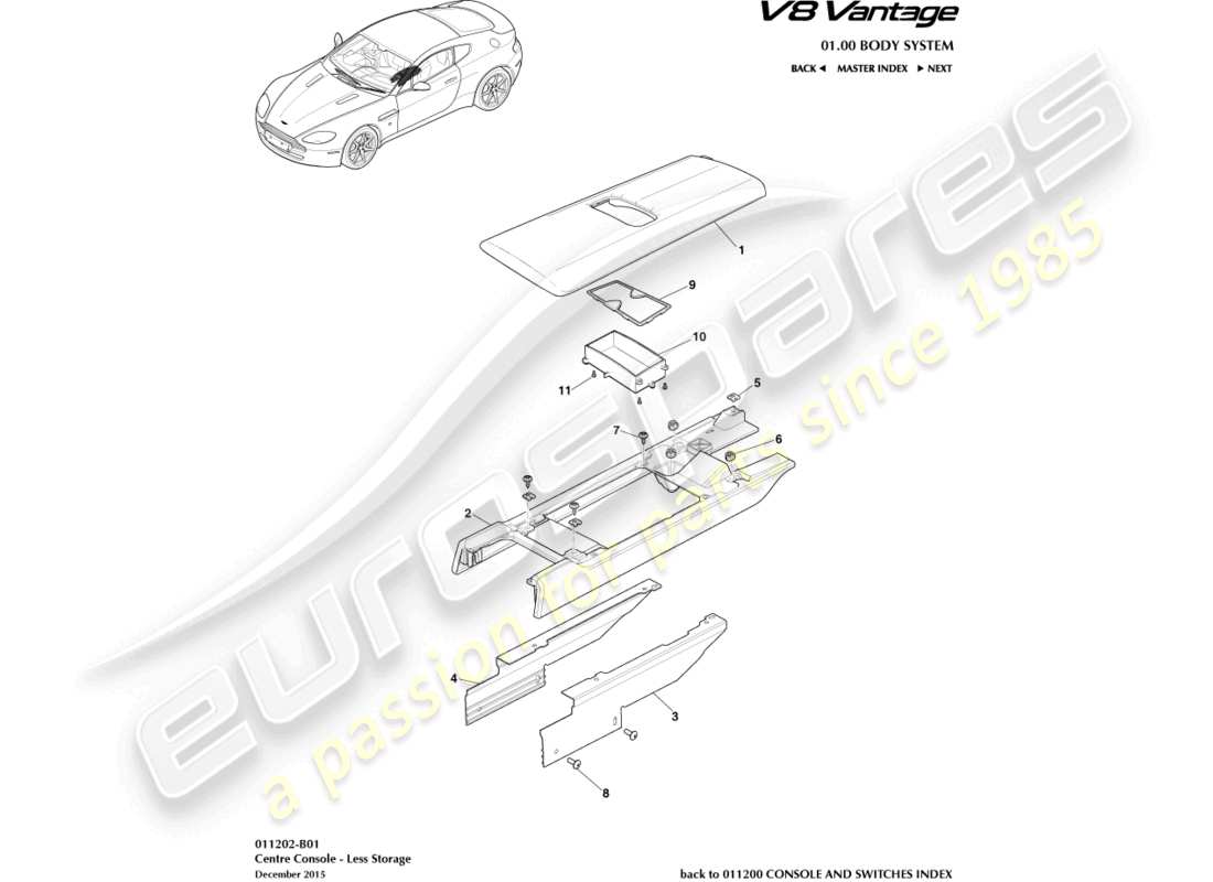 aston martin v8 vantage (2018) schema delle parti della console centrale senza bracciolo