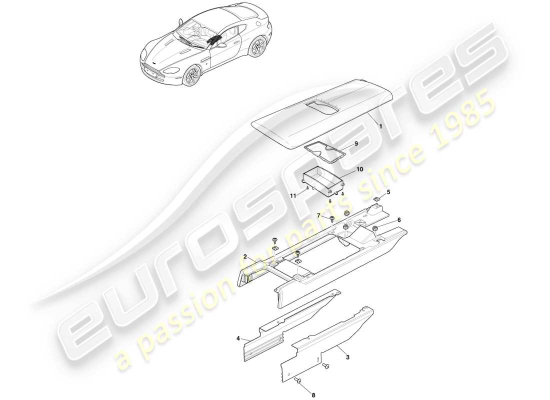 aston martin v8 vantage (2005) schema delle parti della console centrale senza bracciolo