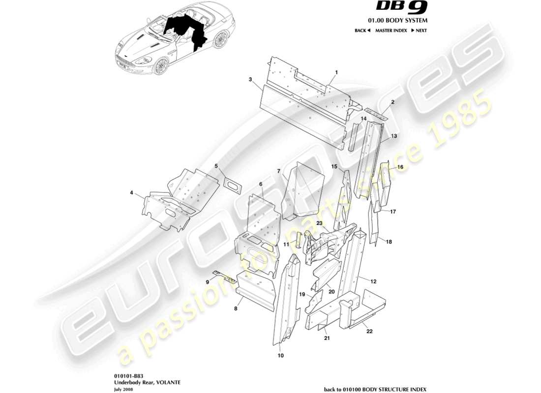 aston martin db9 (2011) sottoscocca posteriore, volante diagramma delle parti