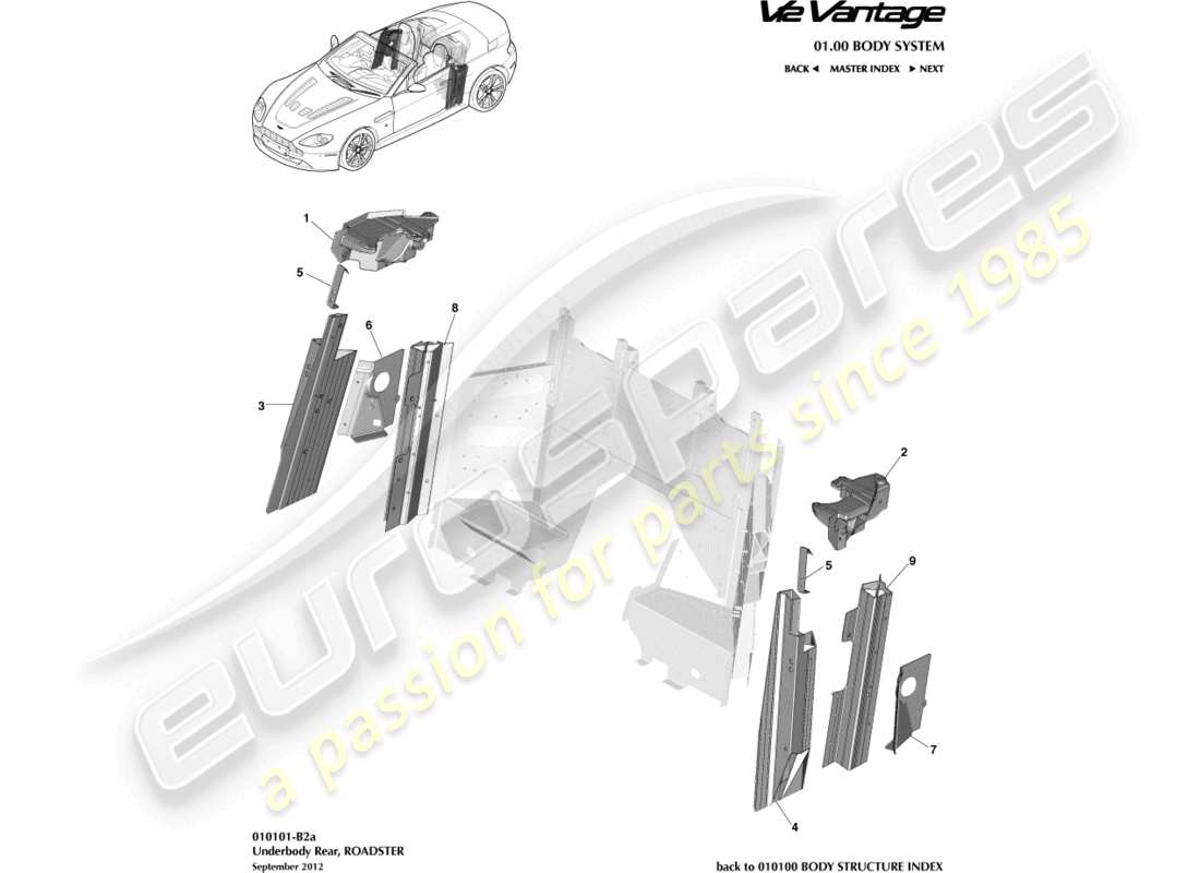 aston martin v12 vantage (2010) sottoscocca posteriore, schema delle parti della roadster