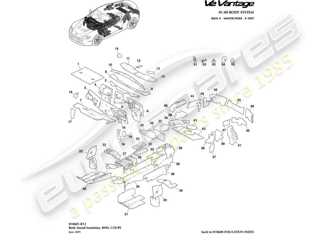aston martin v12 vantage (2010) isolamento carrozzeria, diagramma delle parti coupé con guida a destra
