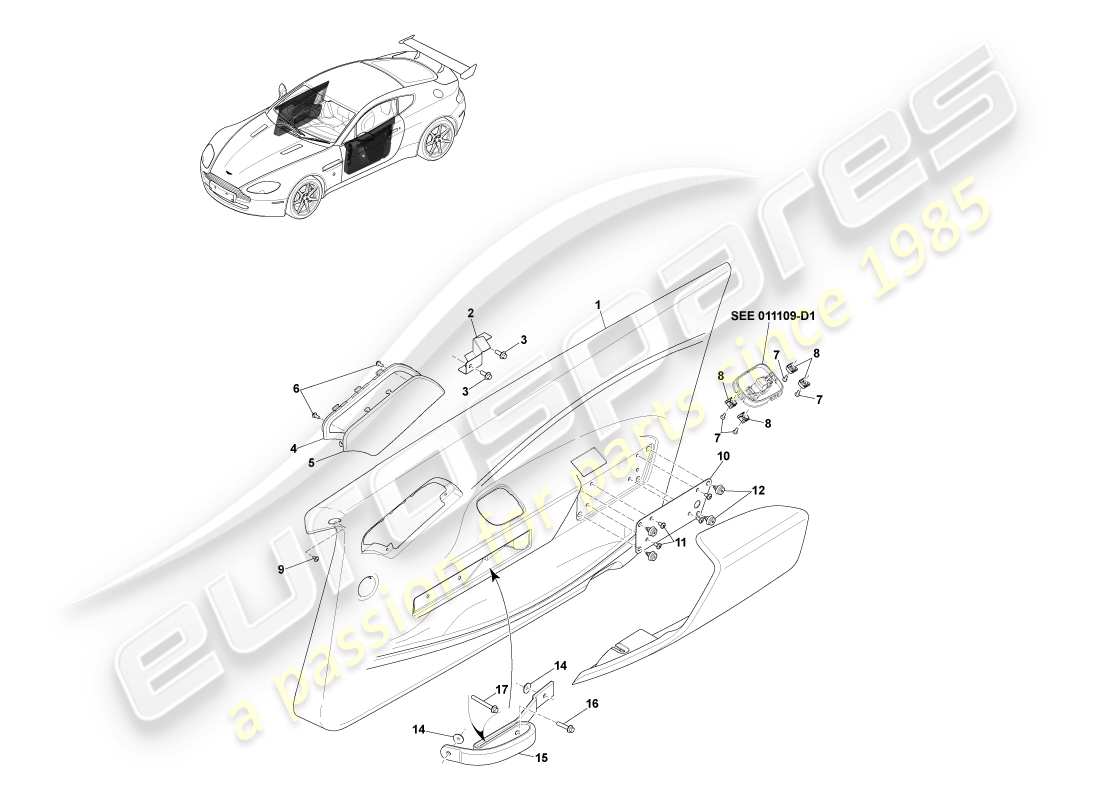 aston martin v8 vantage (2007) rivestimento della porta, diagramma delle parti gt8
