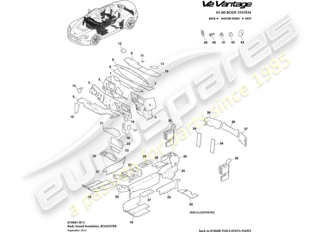 aston martin v12 vantage (2010) isolamento della carrozzeria, diagramma delle parti della roadster