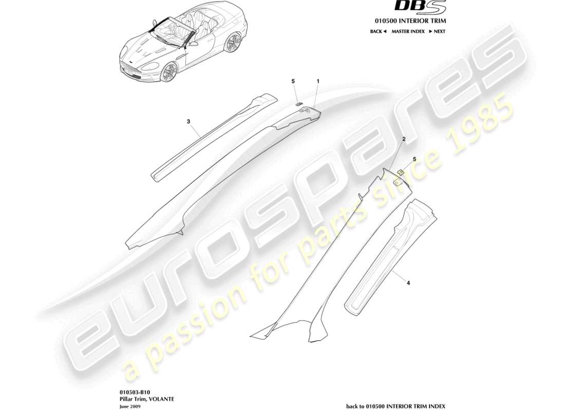 aston martin dbs (2012) rivestimento del pilastro, superiore, volante diagramma delle parti
