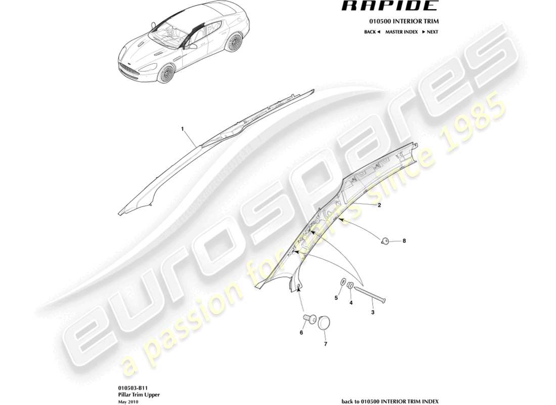 aston martin rapide (2013) un rivestimento del pilastro diagramma delle parti