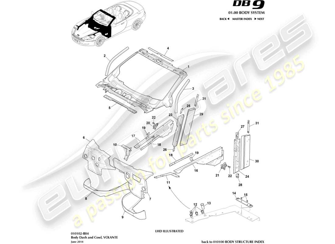 aston martin db9 (2011) body dash und cowl, volante teilediagramm