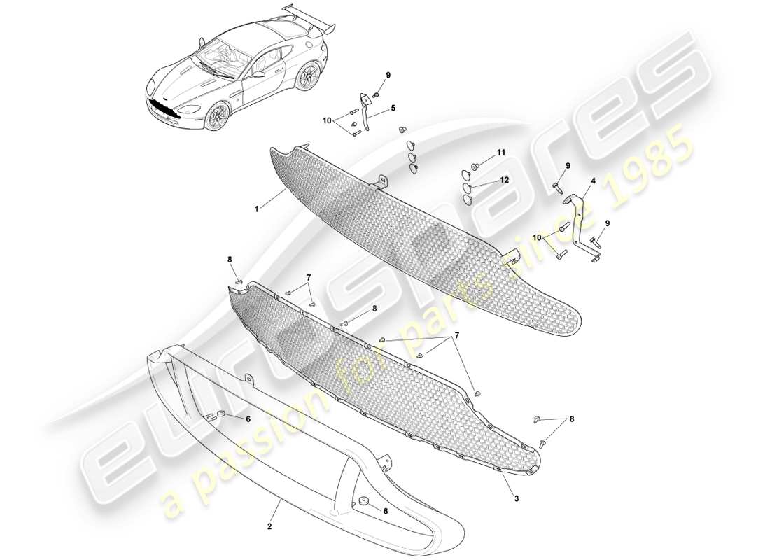 aston martin v8 vantage (2005) griglia del radiatore, diagramma delle parti gt8 e v8 18my