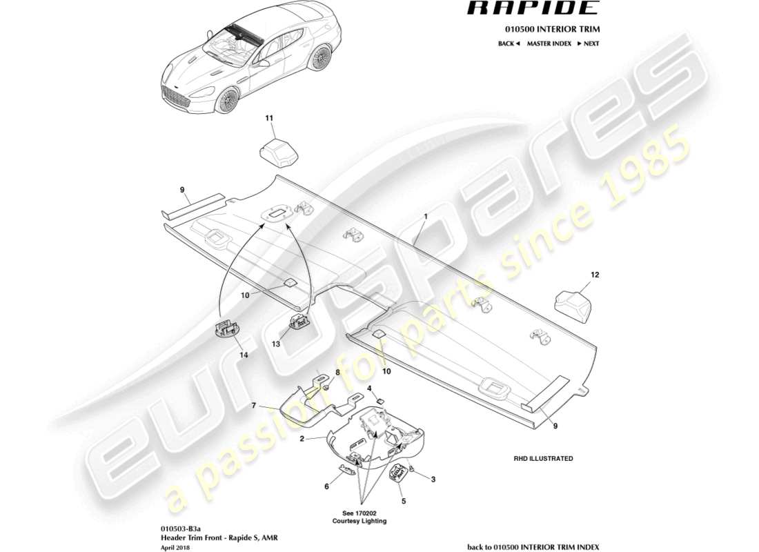 aston martin rapide (2012) rivestimento della testata anteriore, diagramma delle parti s