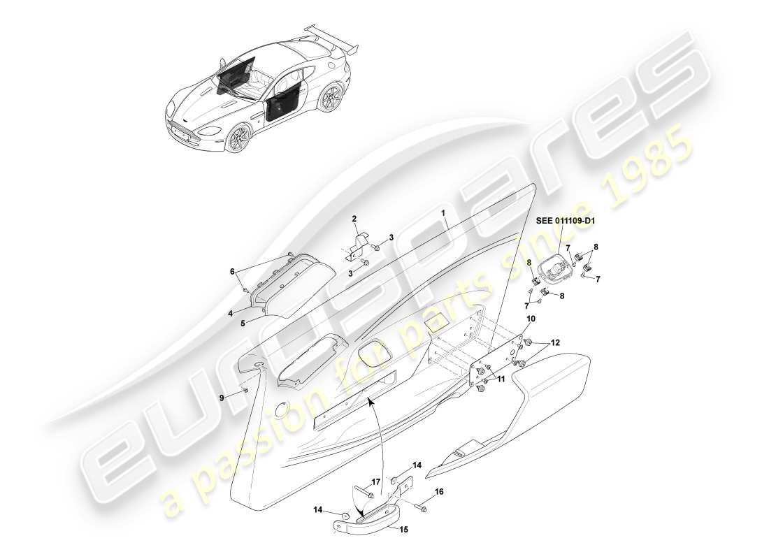 aston martin v8 vantage (2005) rivestimento della porta, diagramma delle parti gt8