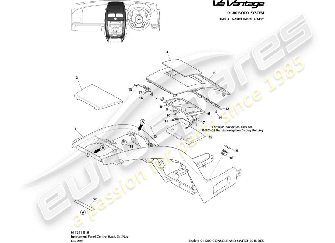 aston martin v12 vantage (2011) stack centrale, con diagramma delle parti del navigatore satellitare