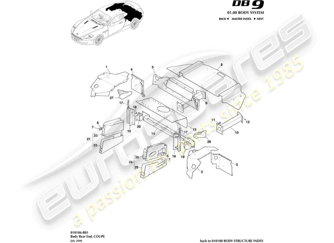 aston martin db9 (2007) estremità posteriore del corpo, diagramma della parte coupé