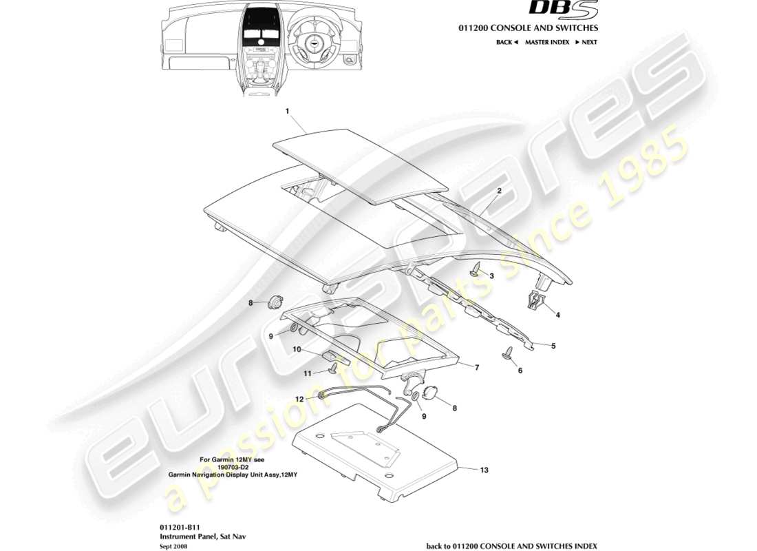 aston martin dbs (2009) pannello strumenti, navigatore satellitare, diagramma delle parti 09my