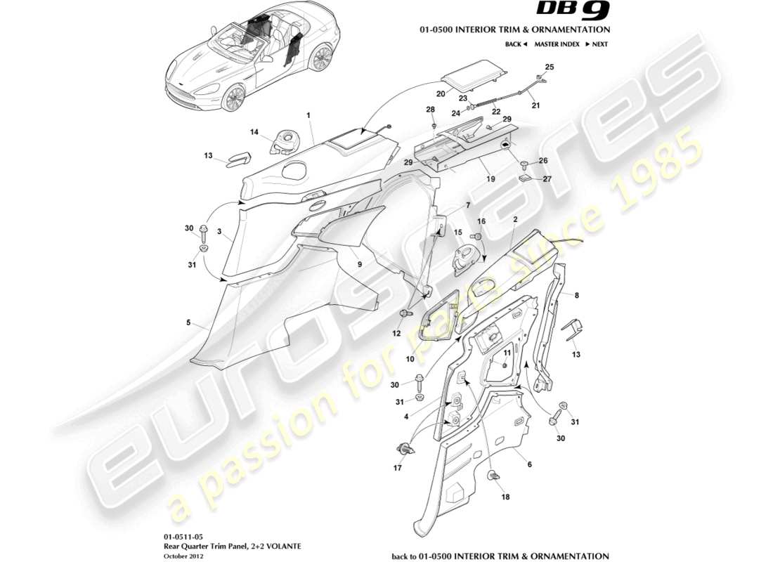 aston martin db9 (2014) pannello di rivestimento del quarto posteriore, 2+2 diagramma delle parti volante
