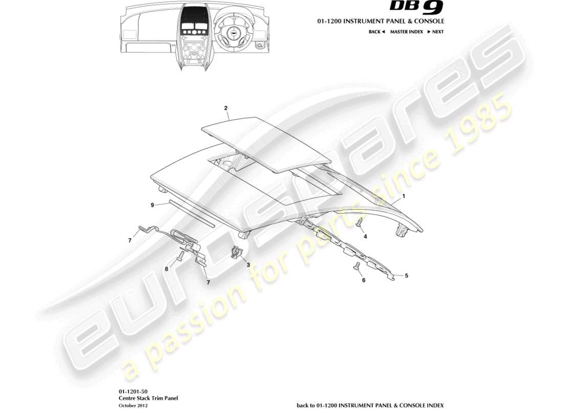 aston martin db9 (2017) pannello di rivestimento della pila centrale diagramma delle parti