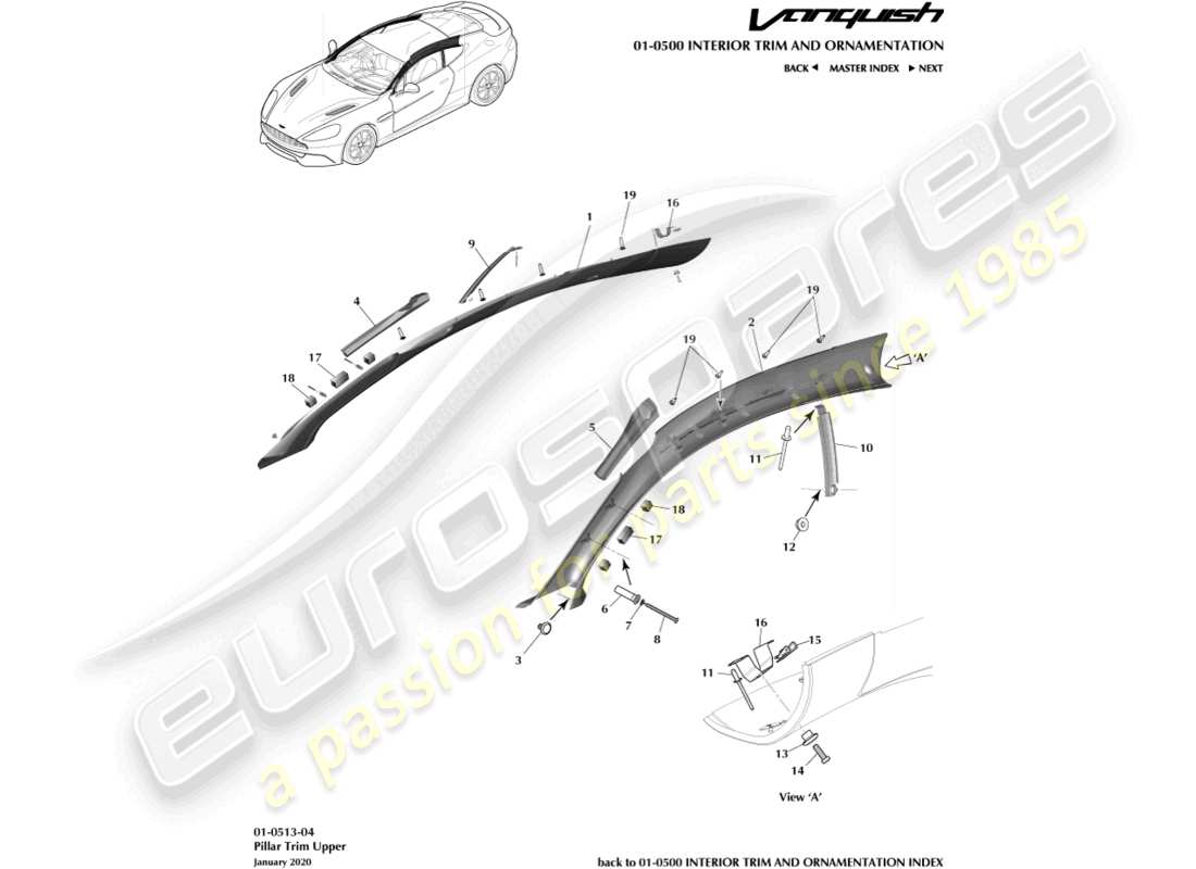 aston martin vanquish (2017) schema del rivestimento del montante, della parte superiore e della parte coupé