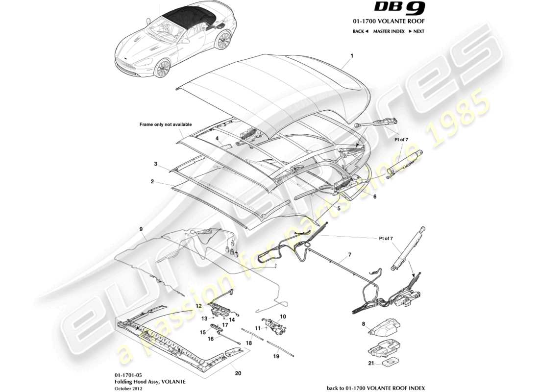 aston martin db9 (2014) schema delle parti dell'assemblaggio del tetto volante