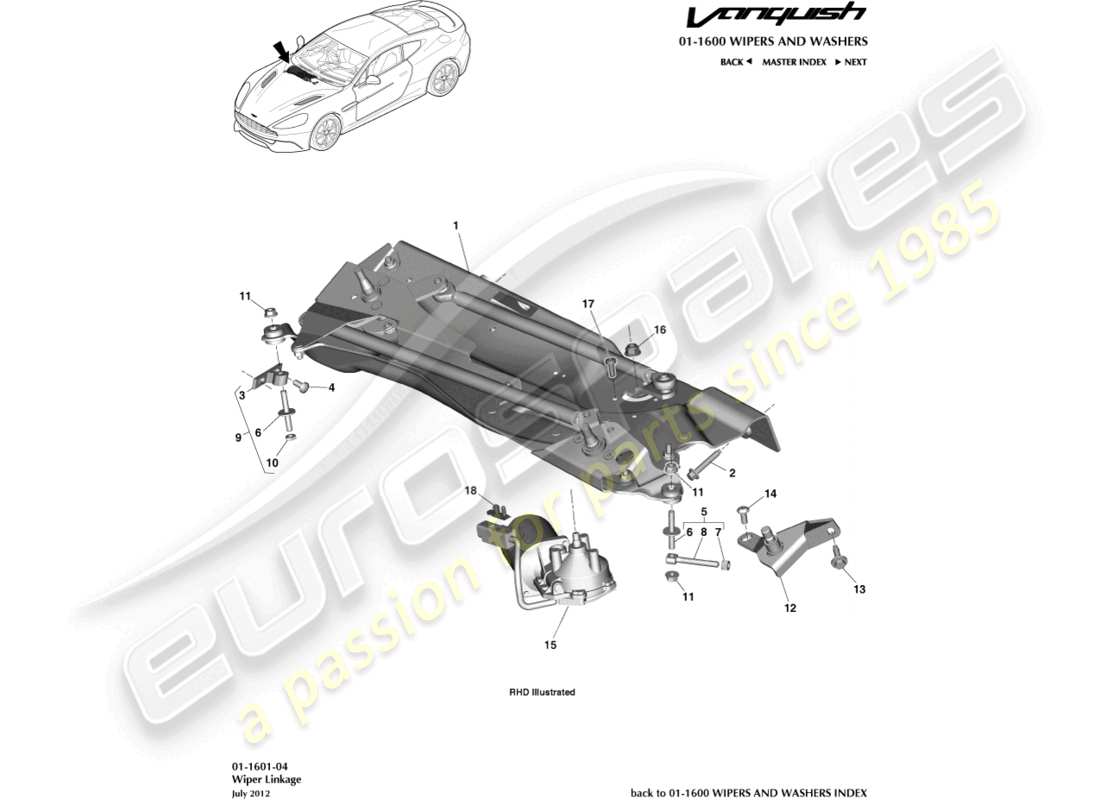 aston martin vanquish (2017) diagramma delle parti del collegamento del tergicristallo