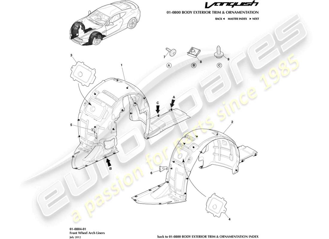 aston martin vanquish (2017) diagramma delle parti dei rivestimenti del passaruota anteriore