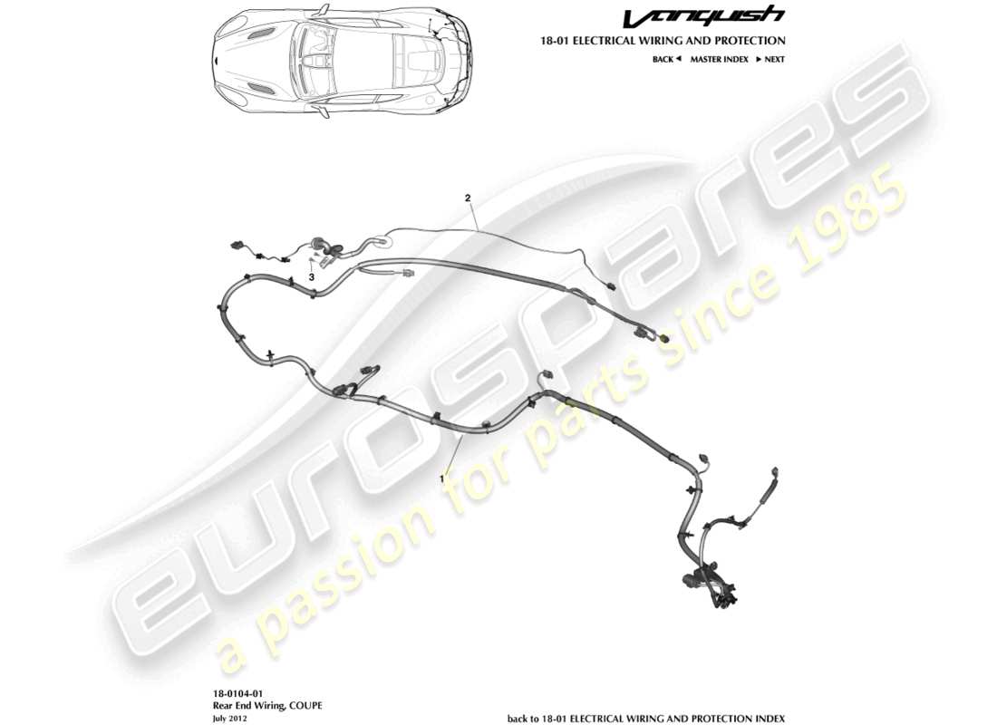 aston martin vanquish (2017) cablaggio dell'estremità posteriore, diagramma delle parti della coupé