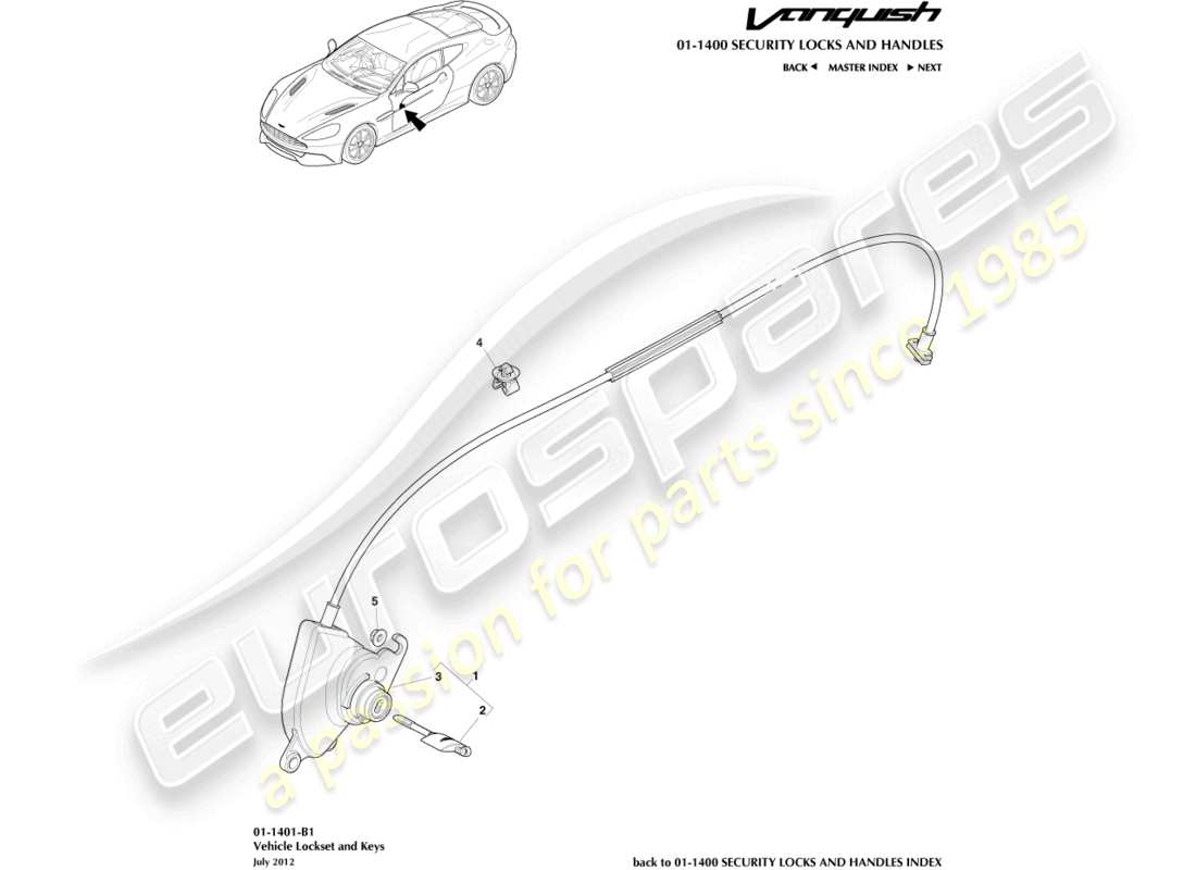 aston martin vanquish (2016) set di serrature e chiavi diagramma delle parti