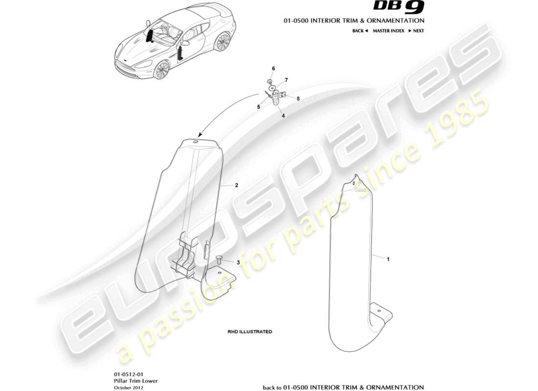 aston martin db9 (2014) rivestimento del pilastro, diagramma della parte inferiore