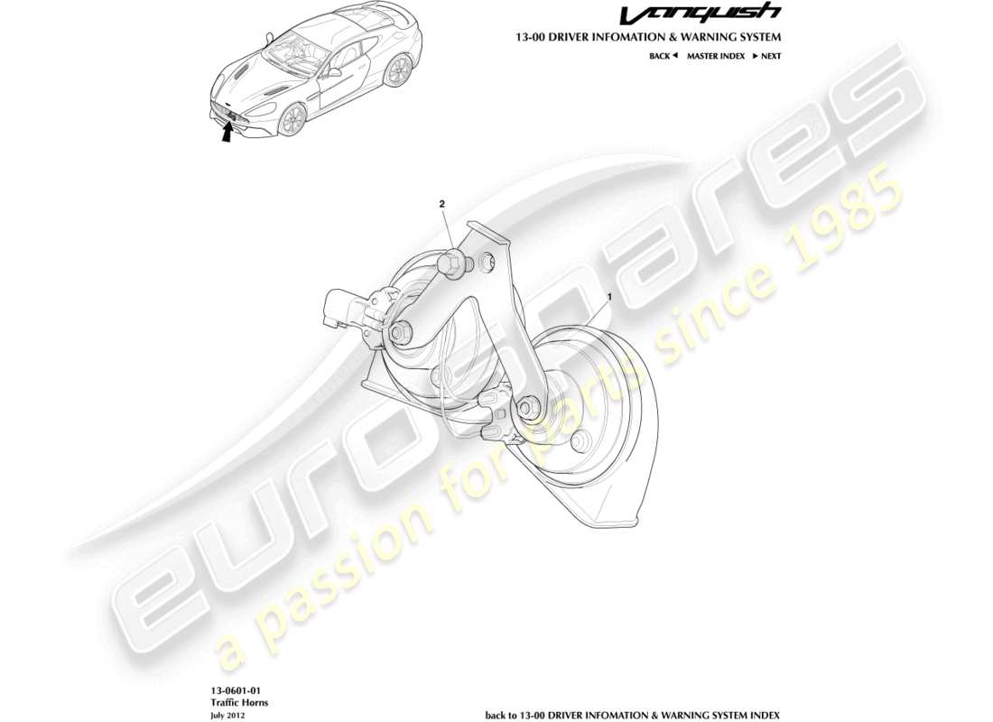 aston martin vanquish (2017) diagramma delle parti del clacson