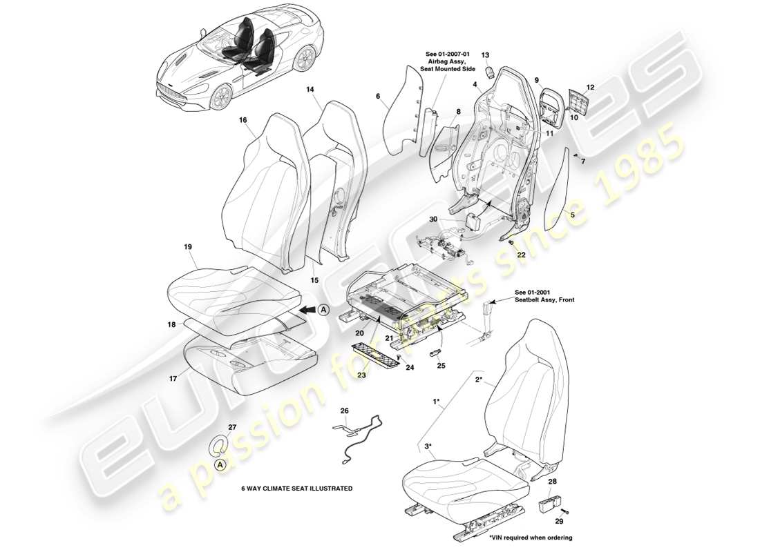 aston martin vanquish (2014) sedili anteriori diagramma delle parti