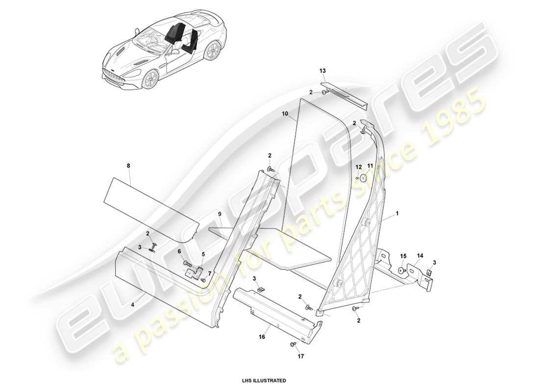 aston martin vanquish (2013) rivestimento posteriore cabina, 2+0 coupé diagramma delle parti
