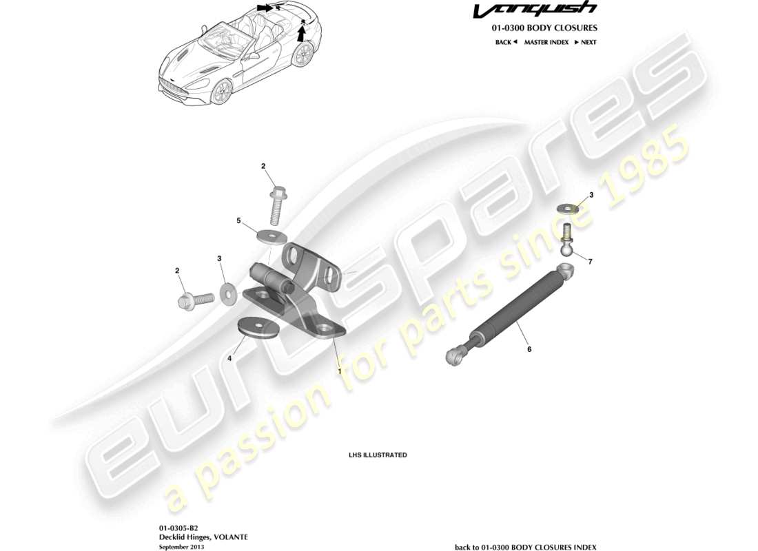 aston martin vanquish (2015) cerniere decklid, diagramma delle parti volante
