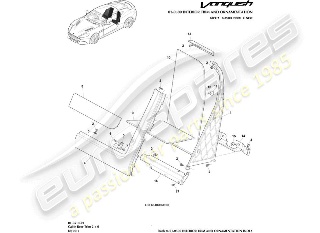 aston martin vanquish (2017) rivestimento posteriore dell'abitacolo, 2+0 diagramma delle parti del coupé
