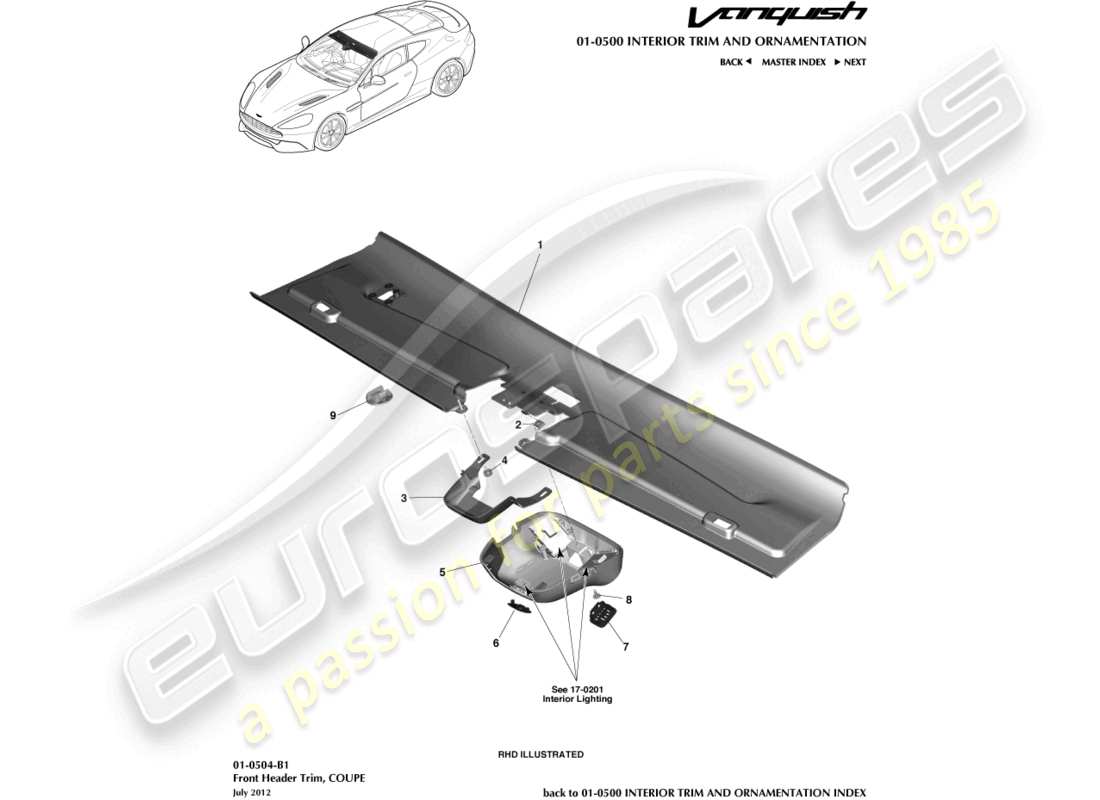 aston martin vanquish (2017) rivestimento della testata anteriore, diagramma delle parti della coupé