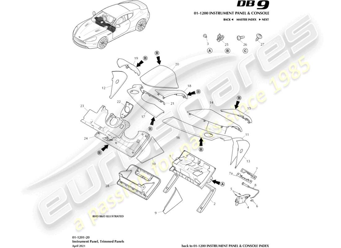 aston martin db9 (2016) diagramma delle parti dei pannelli rifiniti ip