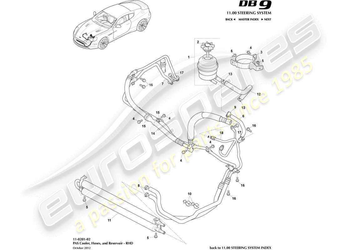 aston martin db9 (2016) tubi pas, diagramma delle parti rhd