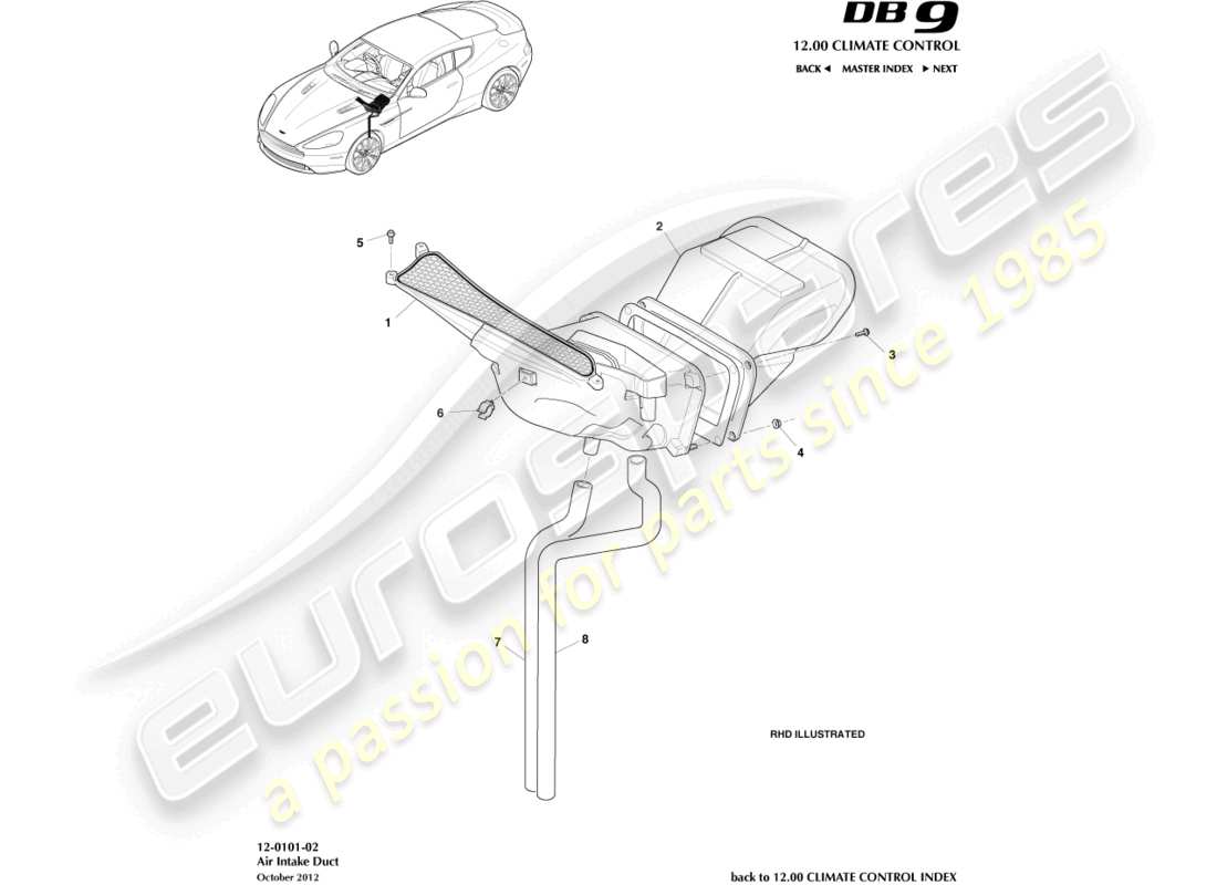 aston martin db9 (2016) diagramma delle parti dei componenti della presa d'aria