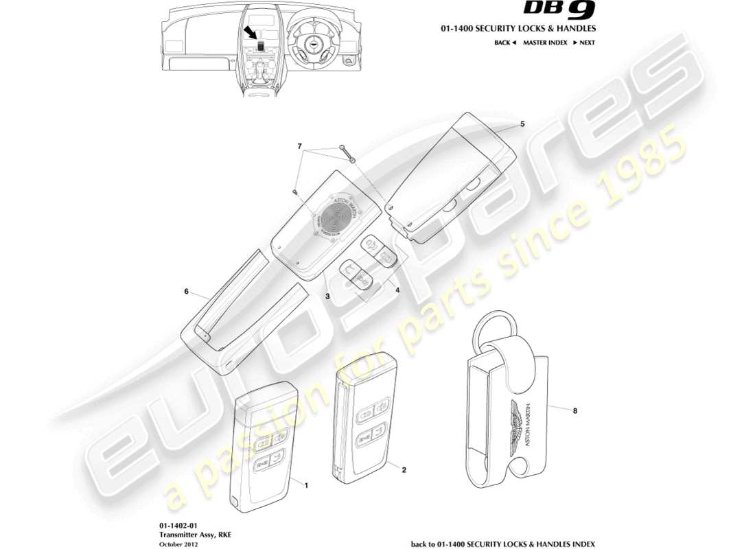 aston martin db9 (2014) diagramma delle parti del trasmettitore rke