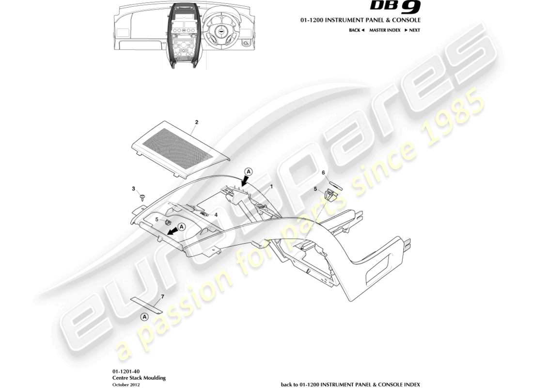 aston martin db9 (2014) diagramma della parte di stampaggio della pila centrale