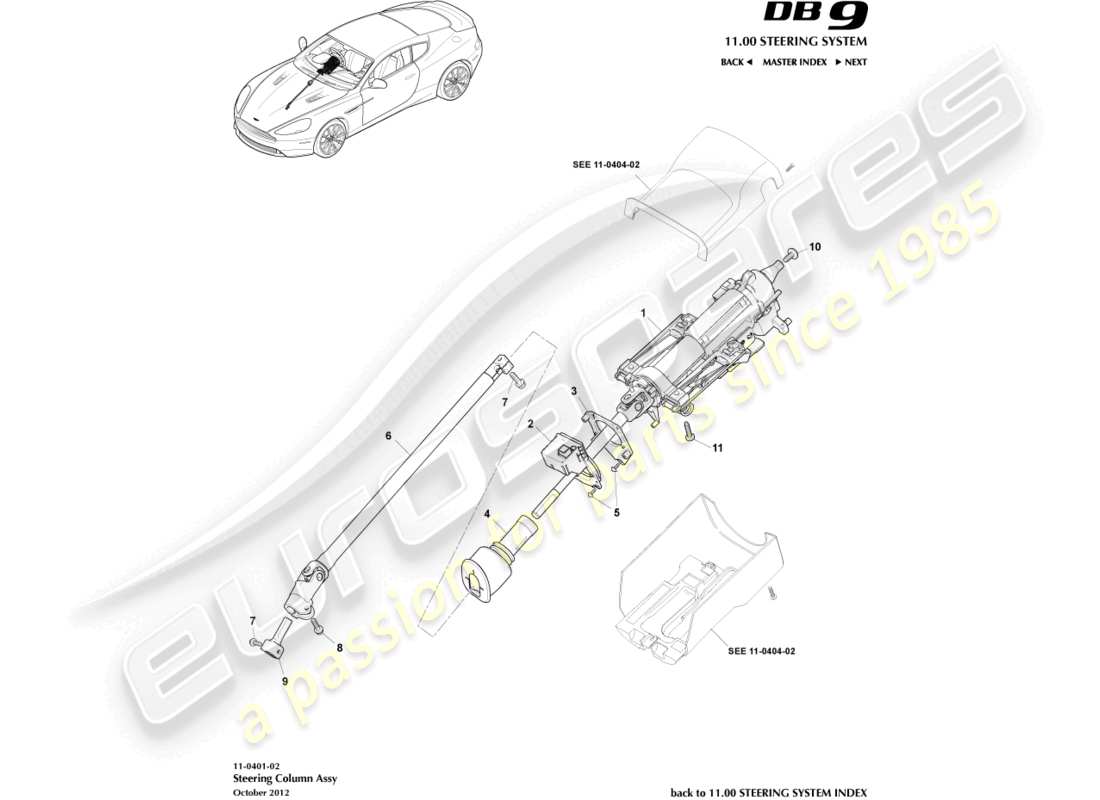 aston martin db9 (2014) schema delle parti del gruppo piantone dello sterzo