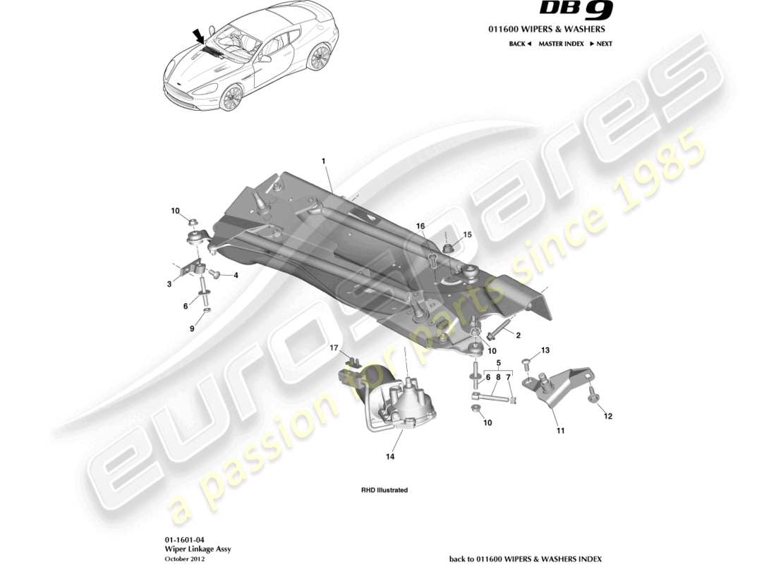 aston martin db9 (2014) diagramma delle parti del collegamento del tergicristallo