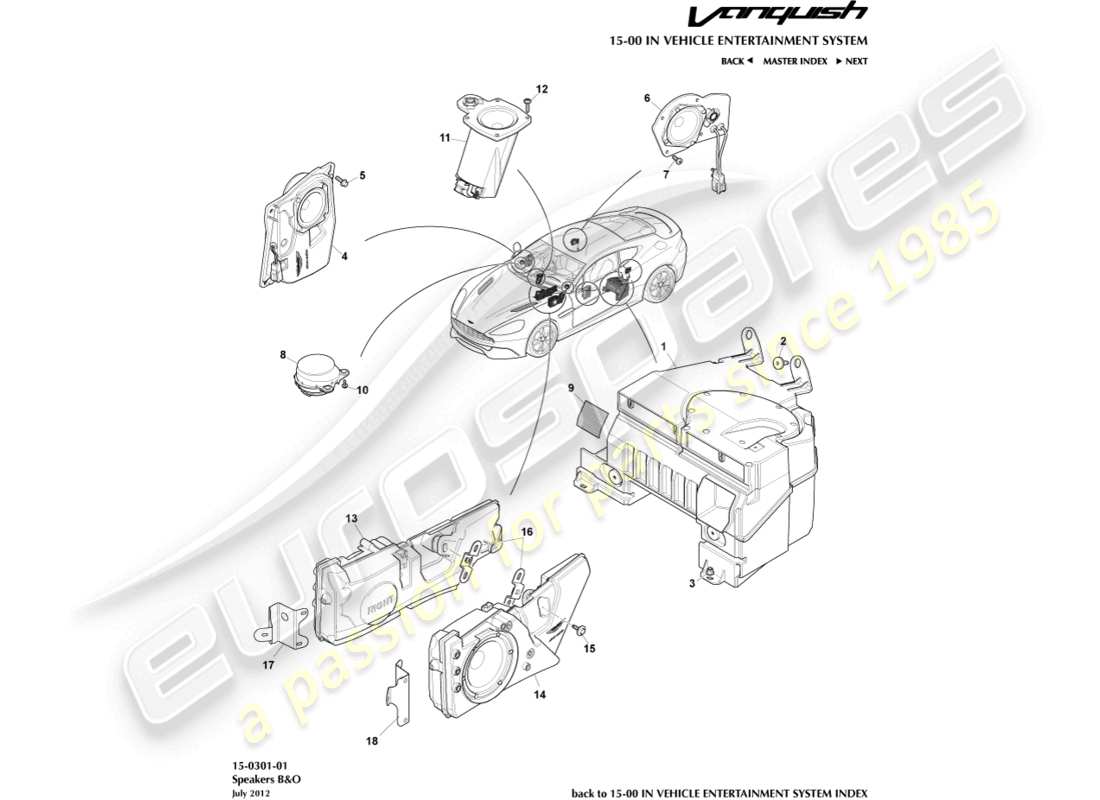 aston martin vanquish (2017) altoparlanti, diagramma delle parti b&o