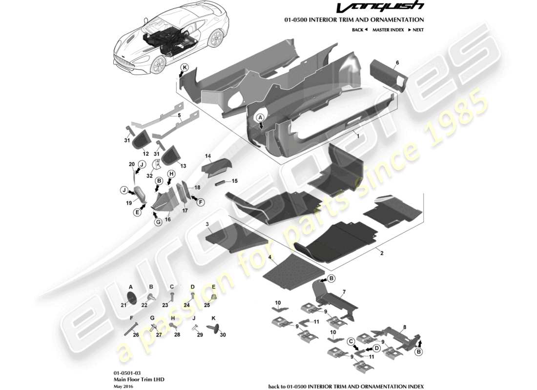 aston martin vanquish (2017) rivestimento del pavimento principale, diagramma delle parti con guida a sinistra