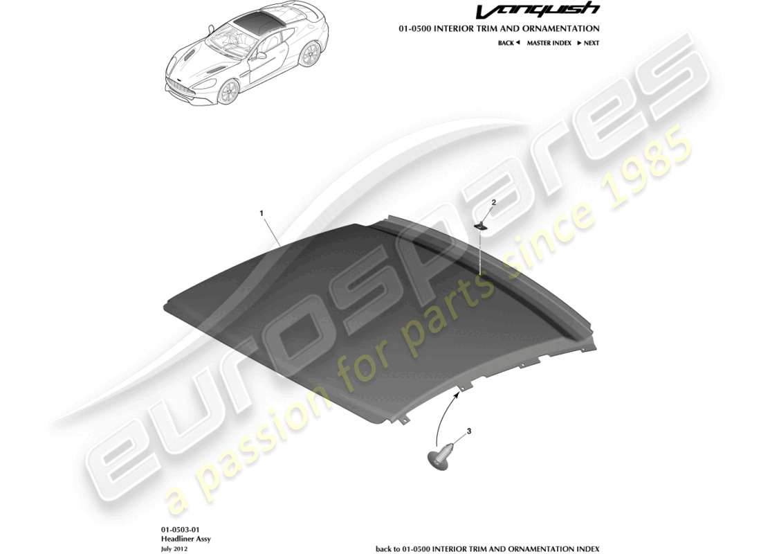 aston martin vanquish (2017) diagramma delle parti del gruppo del cielo