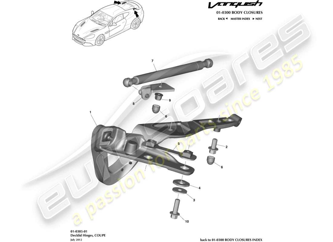 aston martin vanquish (2017) cerniere decklid, diagramma delle parti della coupé