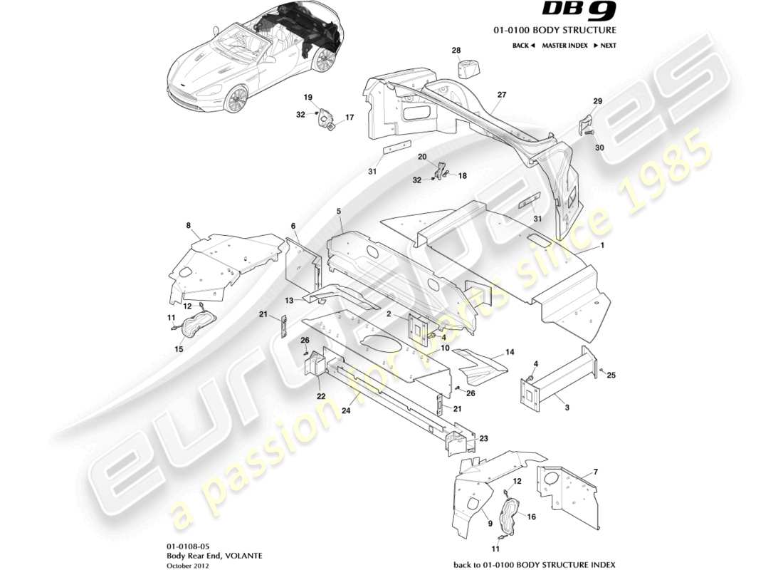 aston martin db9 (2013) estremità posteriore del corpo, volante diagramma delle parti