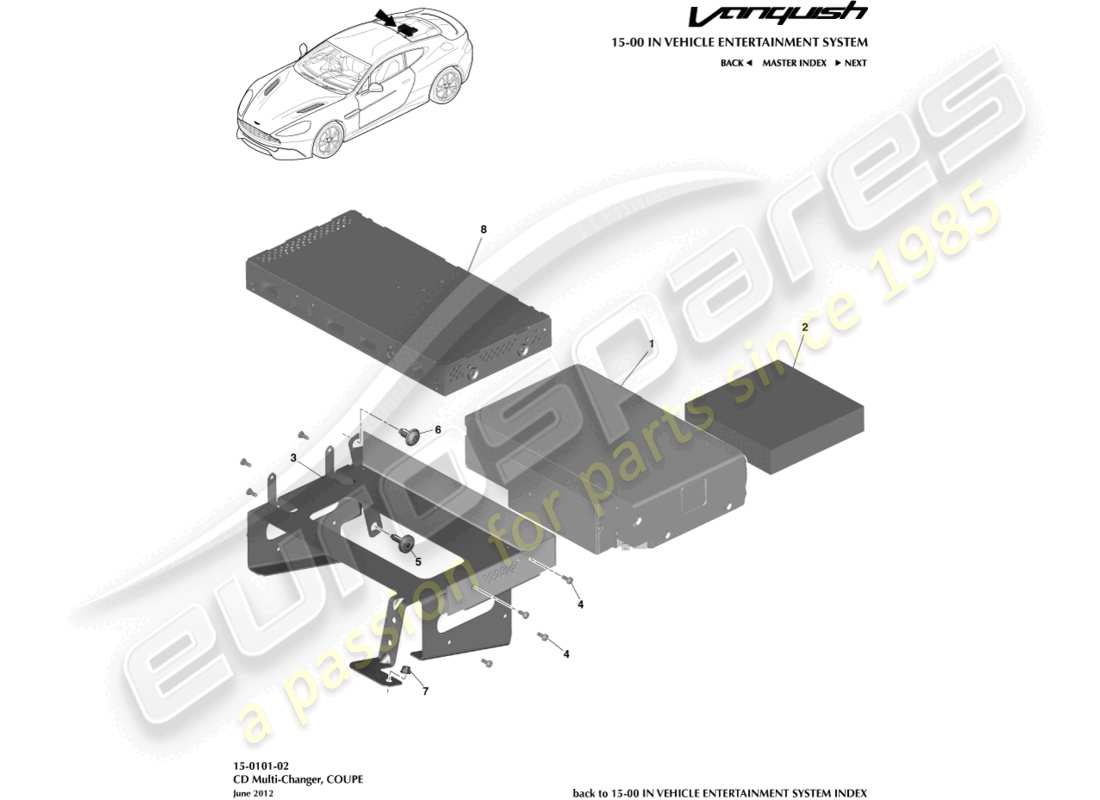 aston martin vanquish (2017) multilettore cd, coupé diagramma delle parti