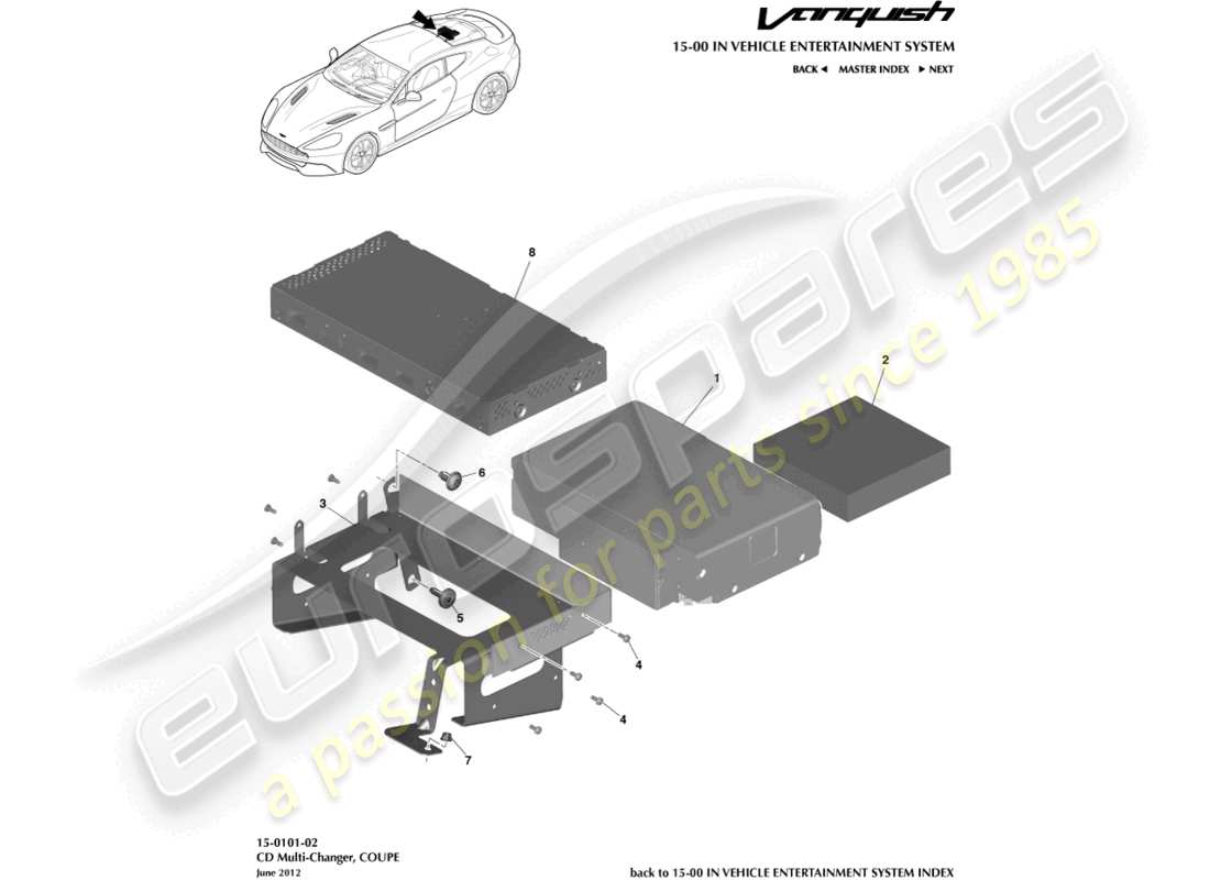 aston martin vanquish (2017) multicambia cd, diagramma delle parti coupé