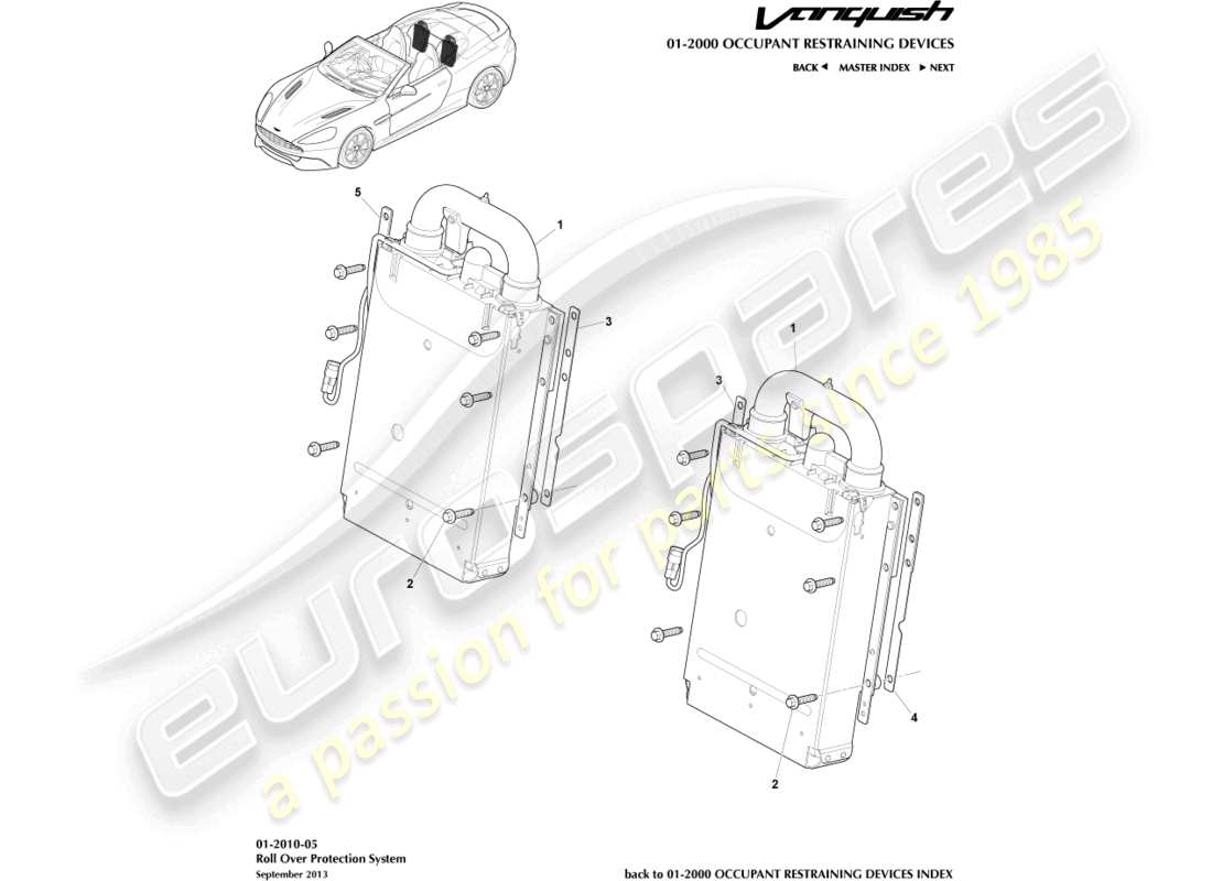 aston martin vanquish (2017) rollbar ripiegabile, diagramma delle parti volante