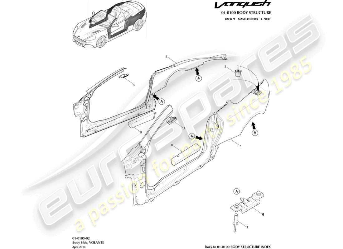 aston martin vanquish (2017) lato del corpo, diagramma della parte volante