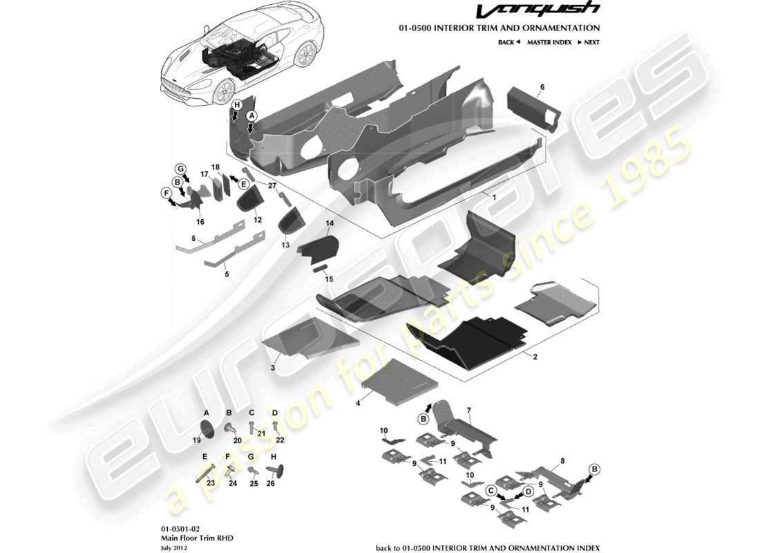 aston martin vanquish (2017) rivestimento del pavimento principale, diagramma delle parti con guida a destra